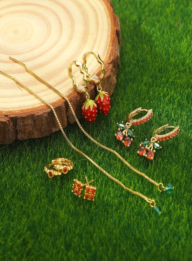 MOONWALTZ Sweet Red Cherry Strawberry Earrings Set for Women 14K Gold Plated Cubic Zirconia Huggie Hoop Earrings Long Tassel Chain Dainty Flower Earrings for Multiple Piercing Fun Fruit Jewelry Gifts for Women - Image 3