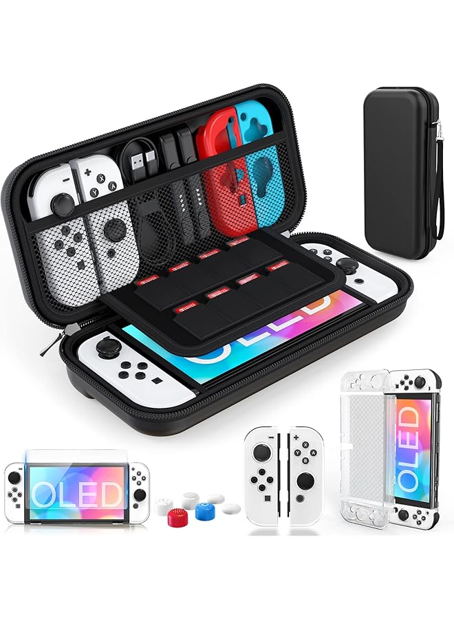 هاي ستوب حافظة متوافقة مع جهاز نينتندو سويتش، طراز OLED، مجموعة ملحقات 9 في 1 لجهاز نينتندو سويتش 2021، طراز OLED، مع غطاء حماية قابل للتركيب، واقي شاشة HD Switch، وأغطية قبضة الإبهام - Image 1