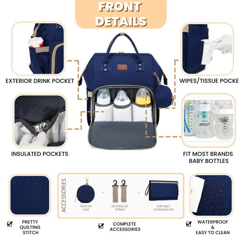 ROSEGIN Diaper Bag Backpack with Changing Pad, Pacifier Case, Baby Bag for Boy Girl Toddler - Large, Stylish, Waterproof Travel Quilted Diaper Bag for Mom - Baby Shower - Navy Blue - Image 3