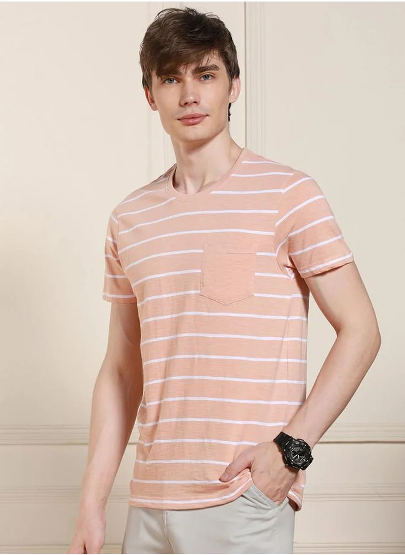 Dennis Lingo Men's Peach 100% Cotton Striped Regular Fit T-Shirt