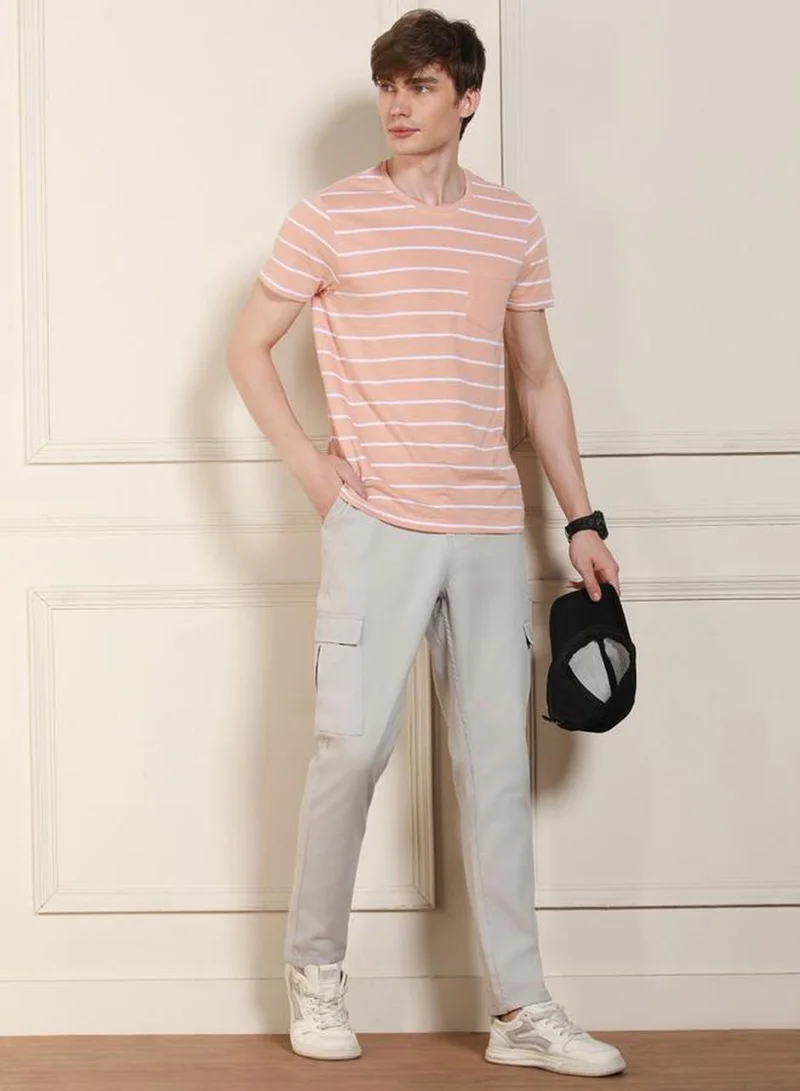 Dennis Lingo Men's Peach 100% Cotton Striped Regular Fit T-Shirt