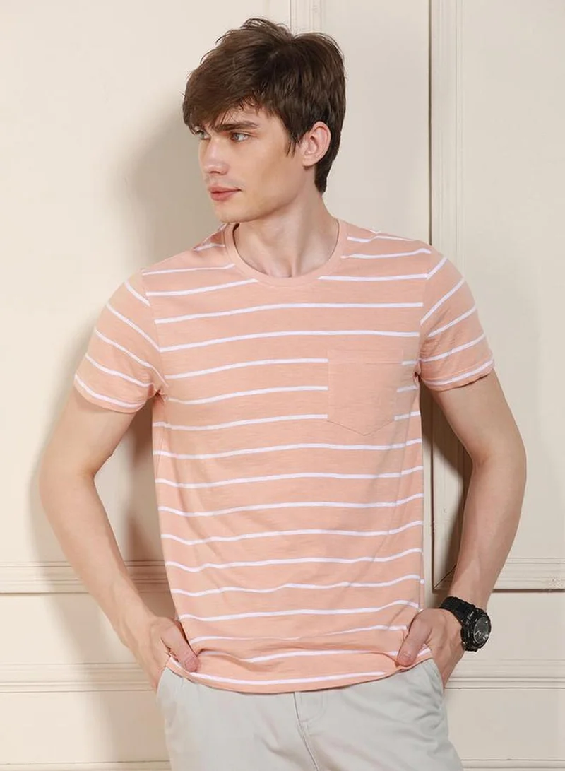 Dennis Lingo Men's Peach 100% Cotton Striped Regular Fit T-Shirt