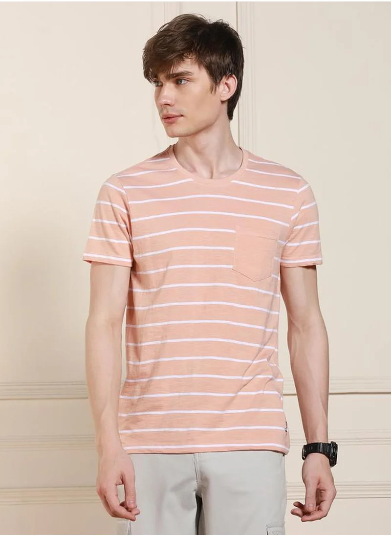 Dennis Lingo Men's Peach 100% Cotton Striped Regular Fit T-Shirt