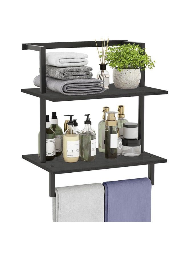 yeavs Wall Mounted Towel Rack for Bathroom, Bath Storage Holder 3-Tier Steel Wood Towel Shelf with Bar, Black - Image 1