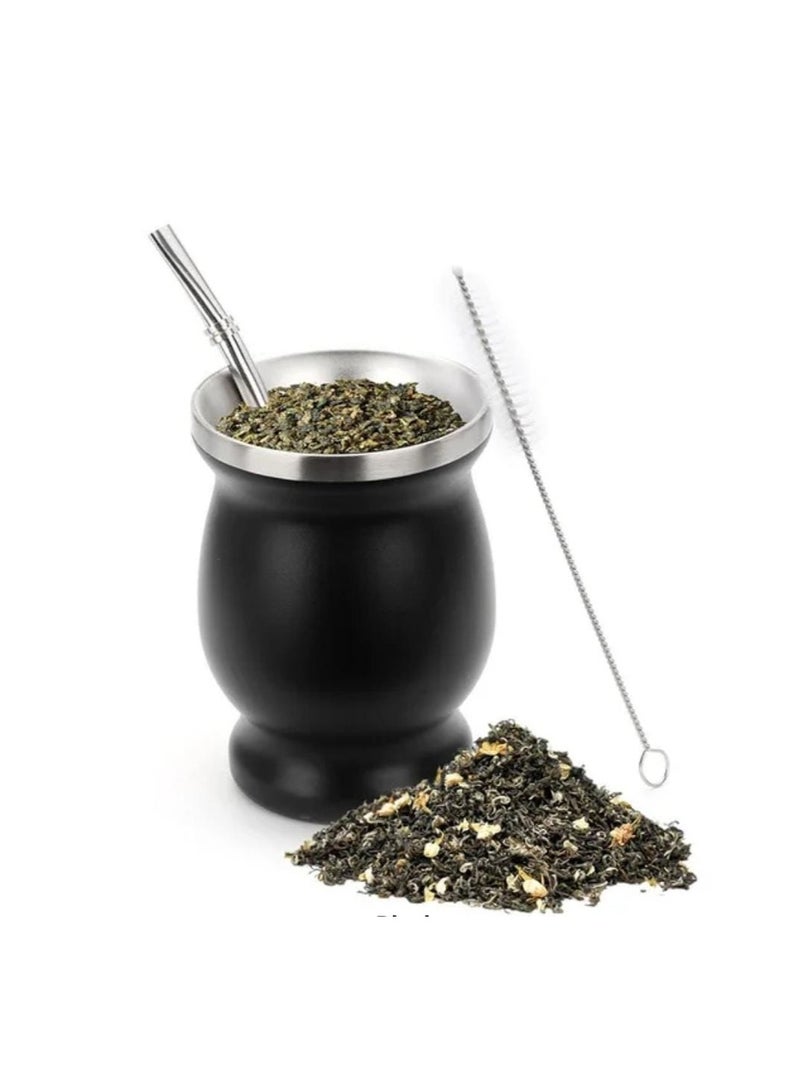 Liying Stainless Steel Double-Wall Mate Cup And Bombilla Set - Yerba Mate set Includes One Yerba Mate Cup, 2 Bombillas Mate (Straw) & Brush (black)  - Image 1