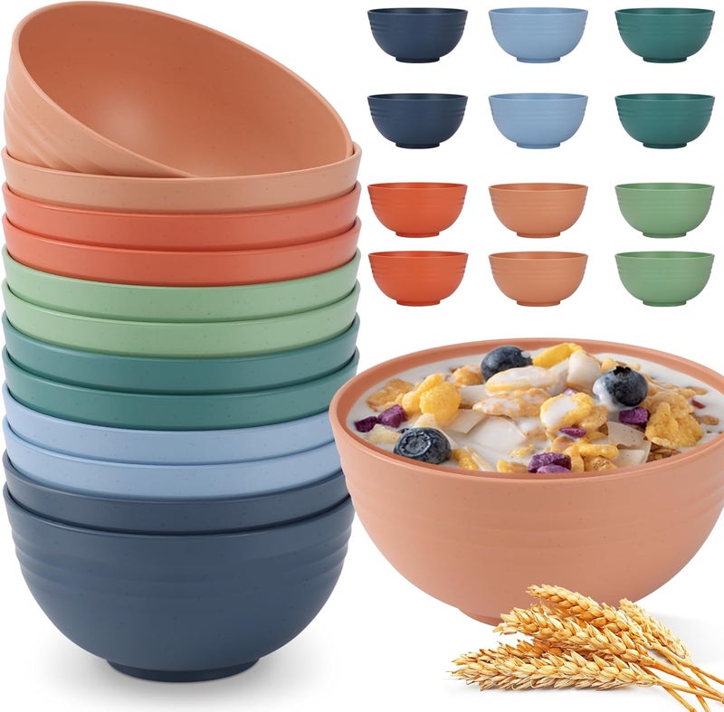 HOTEC 12pcs Unbreakable Wheat Straw Cereal Bowls  Microwave  Dishwasher Safe Soup and Salad Bowls 26oz BPA Free Multicolor - Image 1
