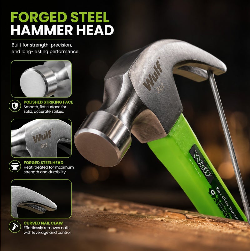 WULF Claw Hammer 8oz with Ergonomic Non-Slip Rubber Grip Handle, Forged Steel Hammer Head with Polished Claw for Nail Pulling, Carpentry, Woodwork, Construction, DIY Repairs & Professional Heavy-Duty Use - Image 2
