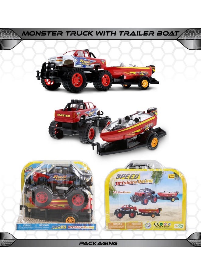 Mozlly - Monster Truck Toys Set With Trailer Toy Boat - Friction Powered Hauling Truck And Trailer Toy, Big Toy Monster Truck With Boat, Adventure Truck Pulling Boat Toy Monster Trucks For Kids - 9 Inch - Image 1