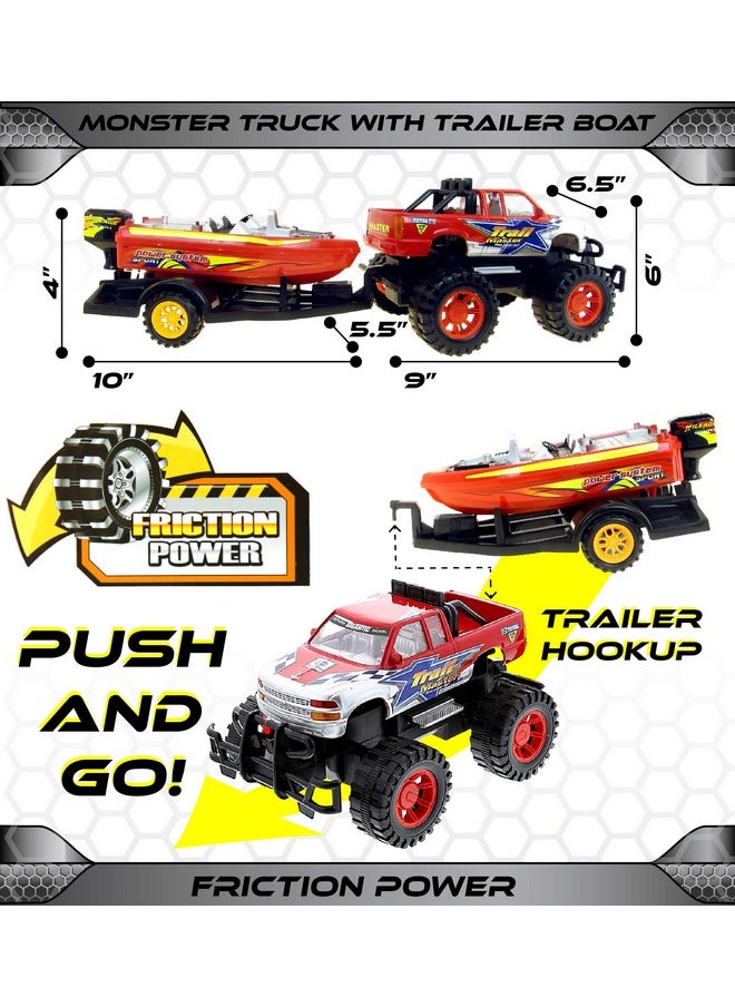 Mozlly - Monster Truck Toys Set With Trailer Toy Boat - Friction Powered Hauling Truck And Trailer Toy, Big Toy Monster Truck With Boat, Adventure Truck Pulling Boat Toy Monster Trucks For Kids - 9 Inch - Image 1