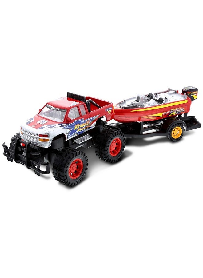 Mozlly - Monster Truck Toys Set With Trailer Toy Boat - Friction Powered Hauling Truck And Trailer Toy, Big Toy Monster Truck With Boat, Adventure Truck Pulling Boat Toy Monster Trucks For Kids - 9 Inch - Image 1