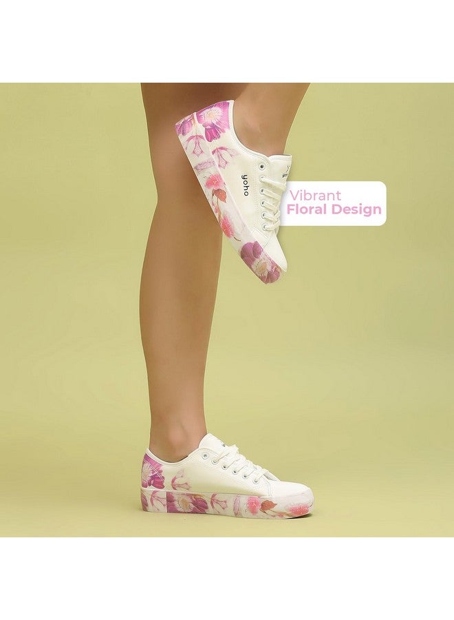 YOHO Aurora Women’s Stylish Floral Design Chunky Sneakers | White - UK 8 - Image 3