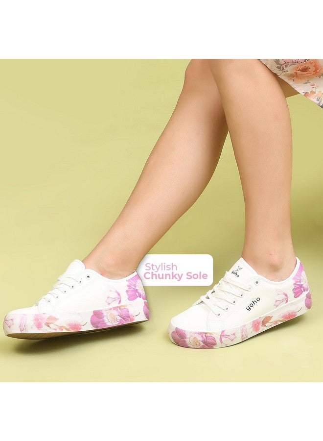 YOHO Aurora Women’s Stylish Floral Design Chunky Sneakers | White - UK 8 - Image 2