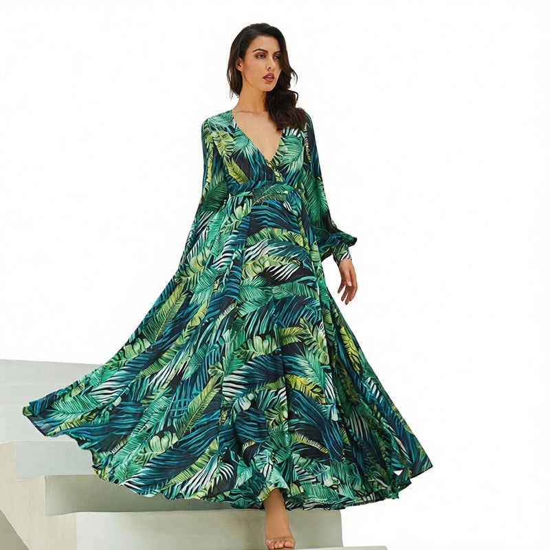 V Neck Lantern Sleeve Leaf Print Flared Dress