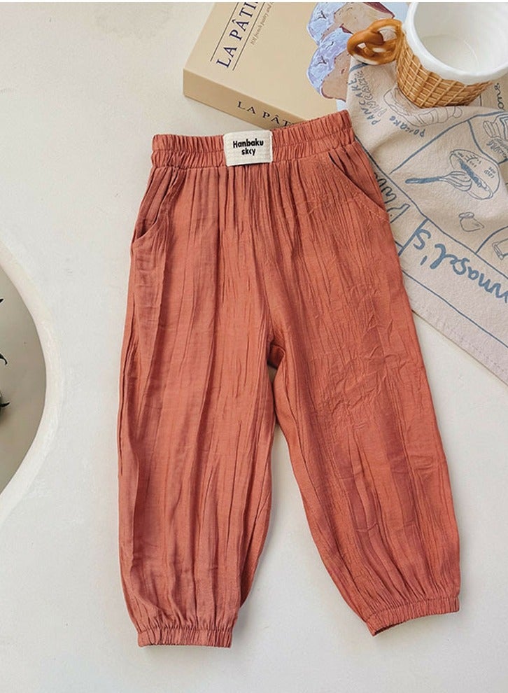 Kids' Solid Color Elastic Waist Loose Wide Leg Pants Brick Red