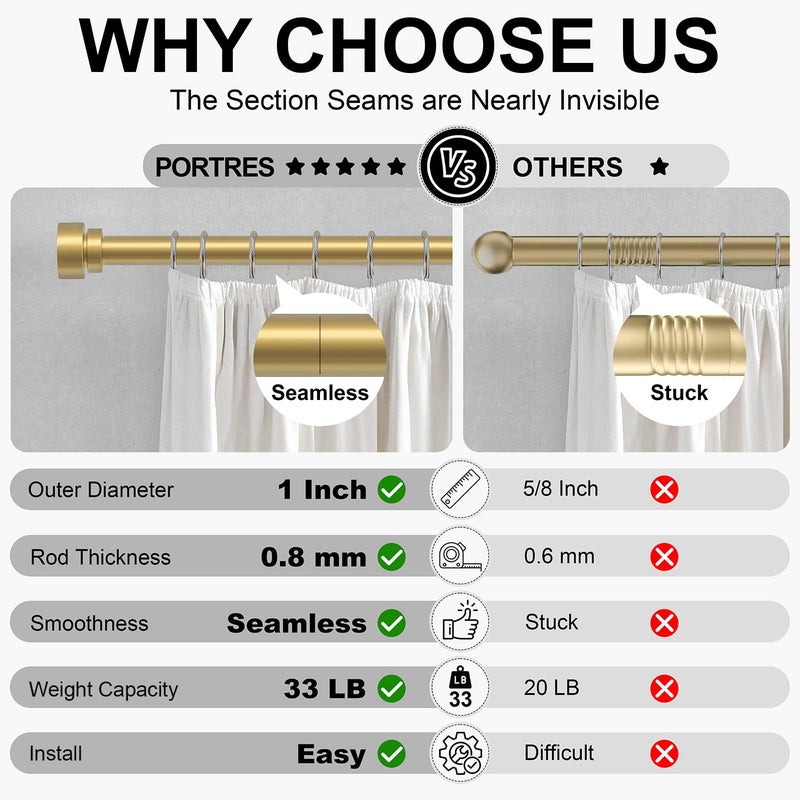 PORTRES Warm Gold Heavy Duty Curtain Rods for Windows 66 to 120 Inches Adjustable Length 1" Diameter Brass Curtain Rod with Modern Decorative Finials for Outdoor Bedroom Kitchen Living Room - Image 5