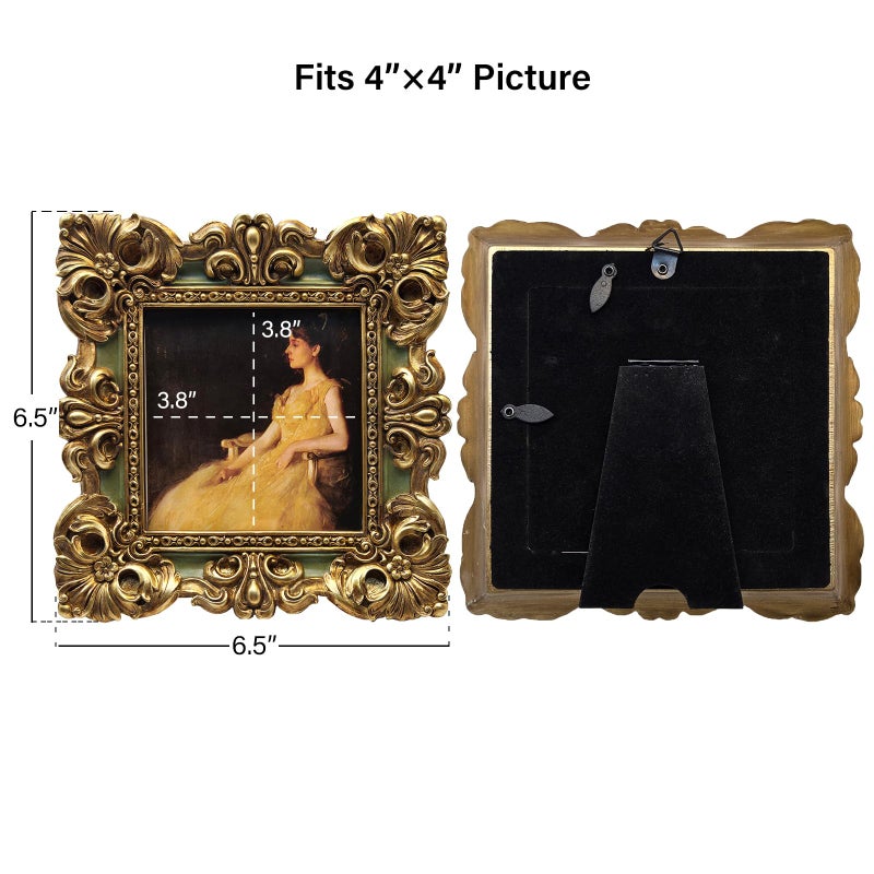 CISOO 4x4 Vintage Small Picture Frame  Antique Ornate Green and Gold Square Photo Frame  for Table Top and Wall Display  Decorative Floral Design Retro Home Decor  Photo Gallery Art - Image 5