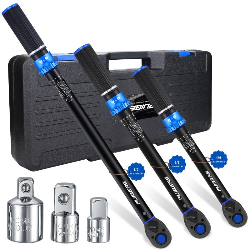 PUIBERS Torque Wrench Set 12 38 14 inch Drive Click 3Pcs Torque Wrenches 10170 FTLB550FTLB20240INLB Inch pound Torque Wrench with 3 Pcs Adapter for BikeCar TruckTractor - Image 2