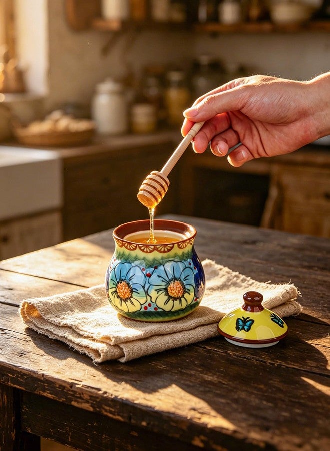 silesia Handmade Honey Jar with Dipper, Ceramic Hand-Painted Honey Pot with Lid, 9 oz Honey Bowl with Flowers, Dishwasher Safe (Glazed Yellow) - Image 3