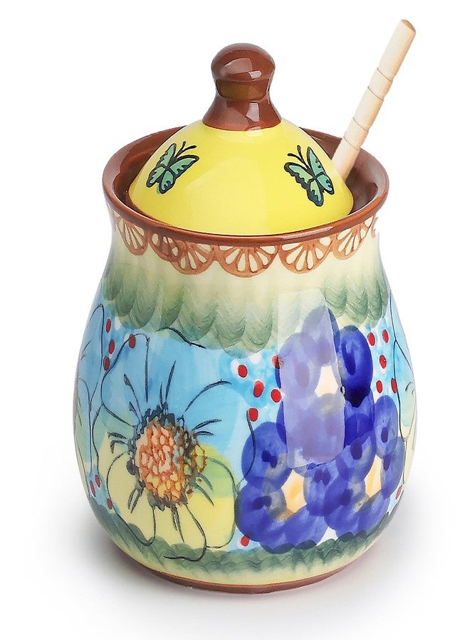 silesia Handmade Honey Jar with Dipper, Ceramic Hand-Painted Honey Pot with Lid, 9 oz Honey Bowl with Flowers, Dishwasher Safe (Glazed Yellow) - Image 1