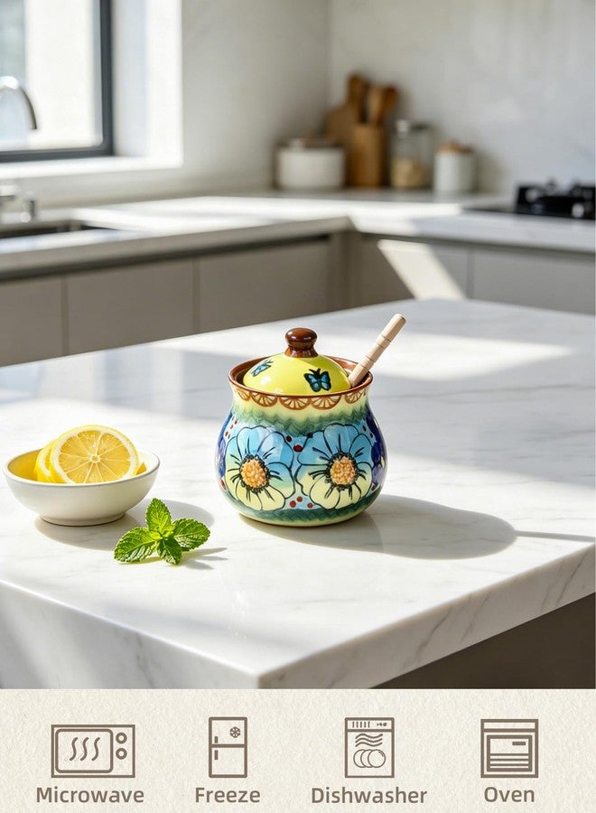 silesia Handmade Honey Jar with Dipper, Ceramic Hand-Painted Honey Pot with Lid, 9 oz Honey Bowl with Flowers, Dishwasher Safe (Glazed Yellow) - Image 5