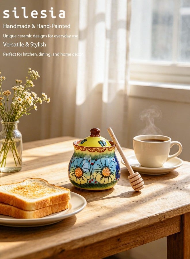 silesia Handmade Honey Jar with Dipper, Ceramic Hand-Painted Honey Pot with Lid, 9 oz Honey Bowl with Flowers, Dishwasher Safe (Glazed Yellow) - Image 2