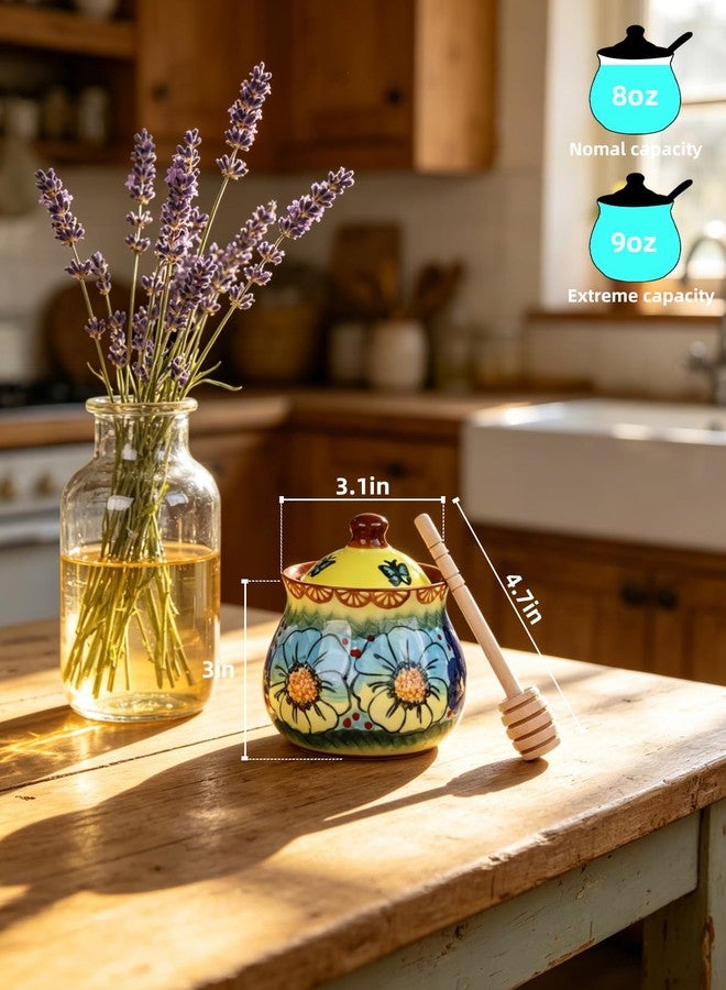 silesia Handmade Honey Jar with Dipper, Ceramic Hand-Painted Honey Pot with Lid, 9 oz Honey Bowl with Flowers, Dishwasher Safe (Glazed Yellow) - Image 4
