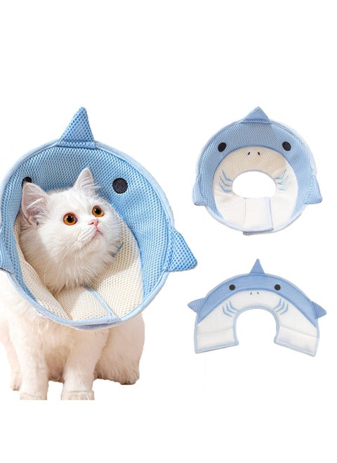 Cat Cone Collar, Soft Lightweight Cat Recovery Collar, Protective Adjustable Collar for After Surgery Cats Kittens, Breathable Fasteners Shark Design for Pets Cats Puppies, Blue (M)