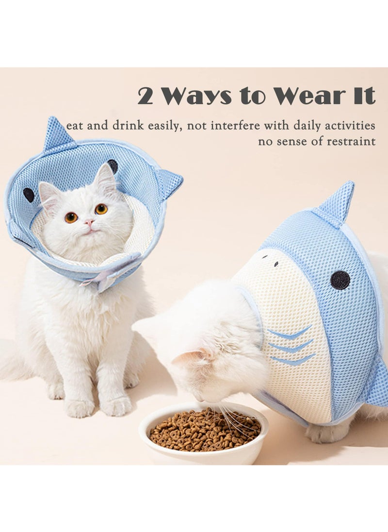 Cat Cone Collar, Soft Lightweight Cat Recovery Collar, Protective Adjustable Collar for After Surgery Cats Kittens, Breathable Fasteners Shark Design for Pets Cats Puppies, Blue (M)