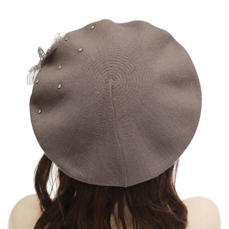 ZLYC Womens French Beret hat, Reversible Solid Color Knit Warm Beret Cap for Girls, Bead Flower Brownish - Image 3
