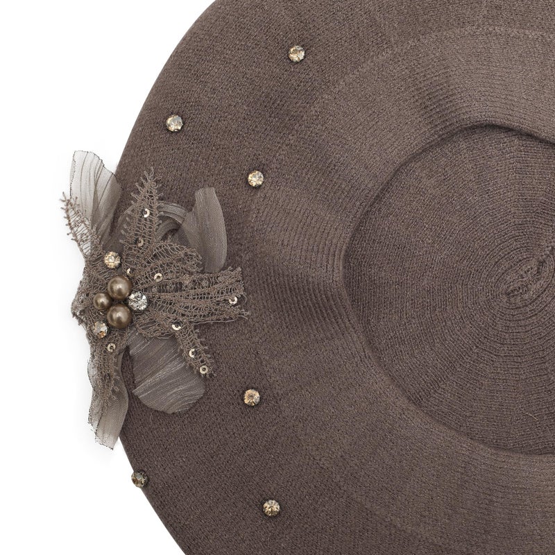 ZLYC Womens French Beret hat, Reversible Solid Color Knit Warm Beret Cap for Girls, Bead Flower Brownish - Image 4
