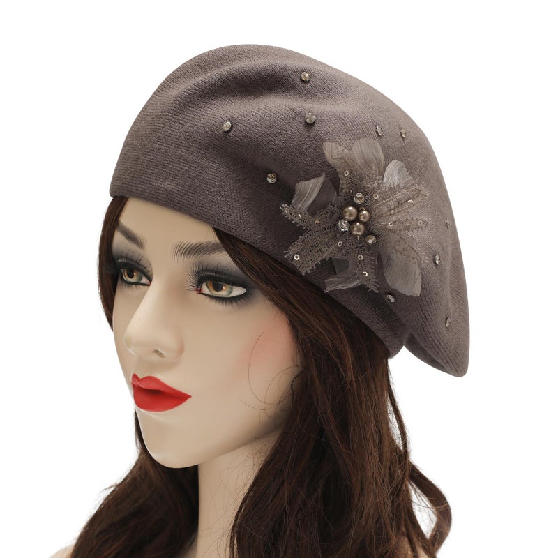 ZLYC Womens French Beret hat, Reversible Solid Color Knit Warm Beret Cap for Girls, Bead Flower Brownish - Image 2