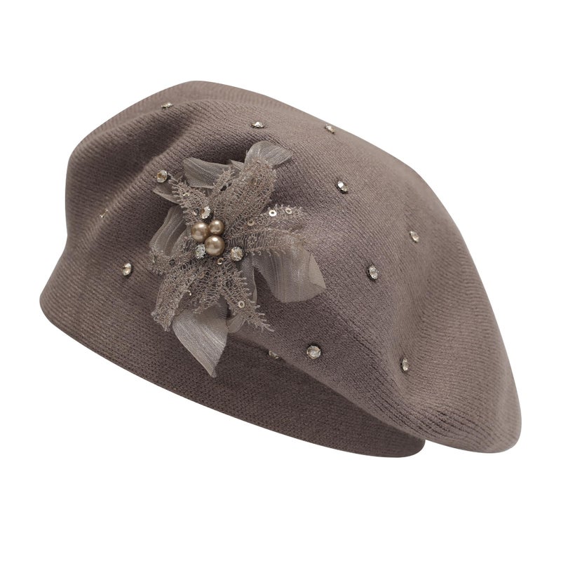 ZLYC Womens French Beret hat, Reversible Solid Color Knit Warm Beret Cap for Girls, Bead Flower Brownish - Image 1