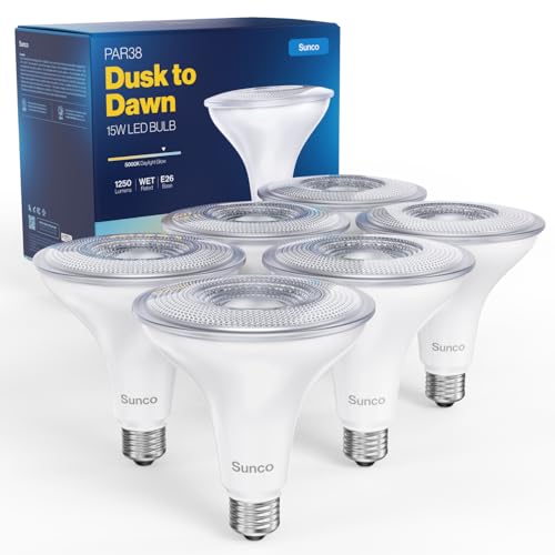 Sunco Lighting Sunco 6 Pack LED Flood Light Bulb, Waterproof PAR38 Dusk to Dawn Outdoor Lighting, 1250 LM, 120W Equivalent 15W, Exterior, Wet-Rated, 5000K Daylight, E26 Base, for Porch Garage Yard, UL - Image 1