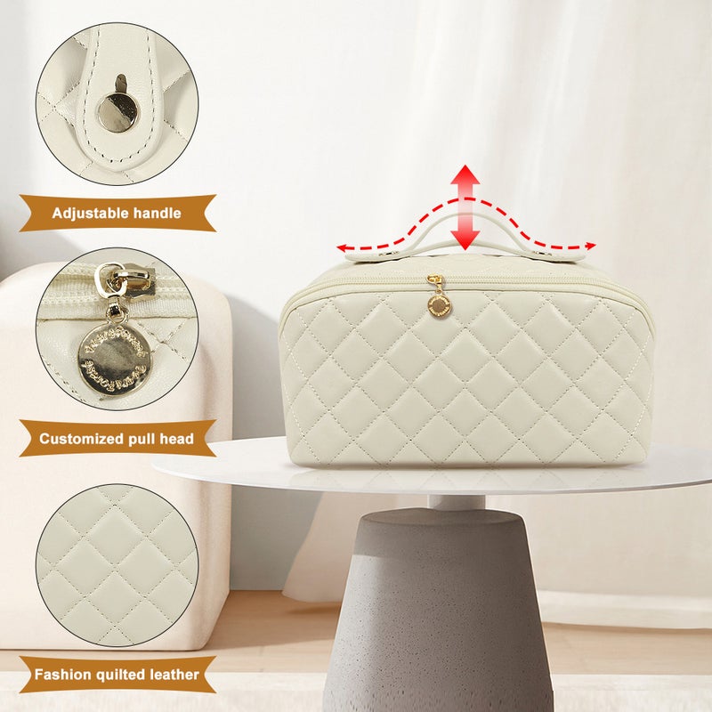 Cross-border exclusive high-value PU pillow bag large capacity portable quilted cosmetic bag storage bag travel wash bag White - Image 1