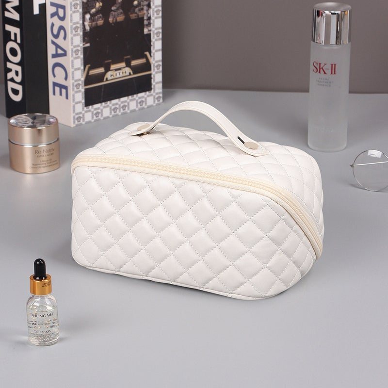 Cross-border exclusive high-value PU pillow bag large capacity portable quilted cosmetic bag storage bag travel wash bag White - Image 3