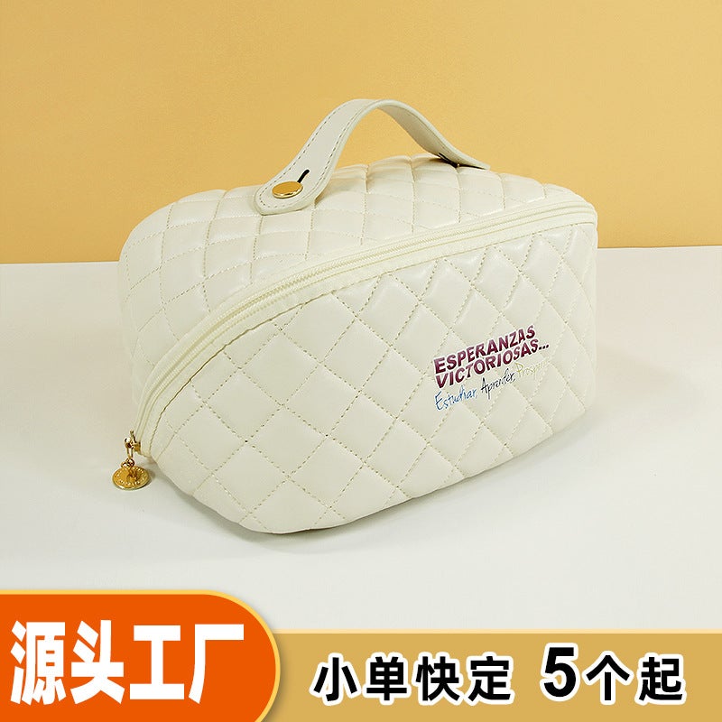 Cross-border exclusive high-value PU pillow bag large capacity portable quilted cosmetic bag storage bag travel wash bag White - Image 4