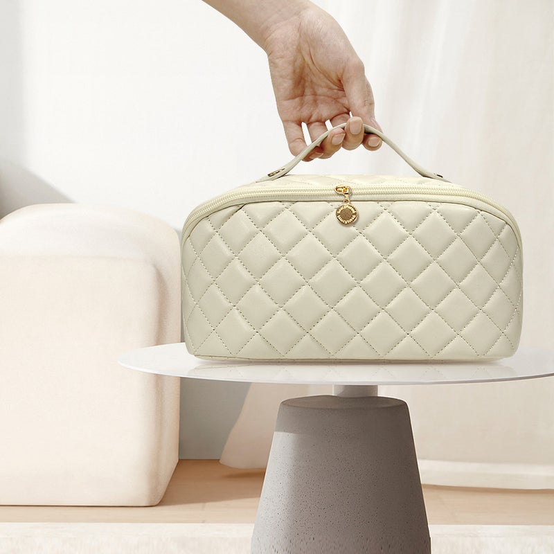 Cross-border exclusive high-value PU pillow bag large capacity portable quilted cosmetic bag storage bag travel wash bag White - Image 2