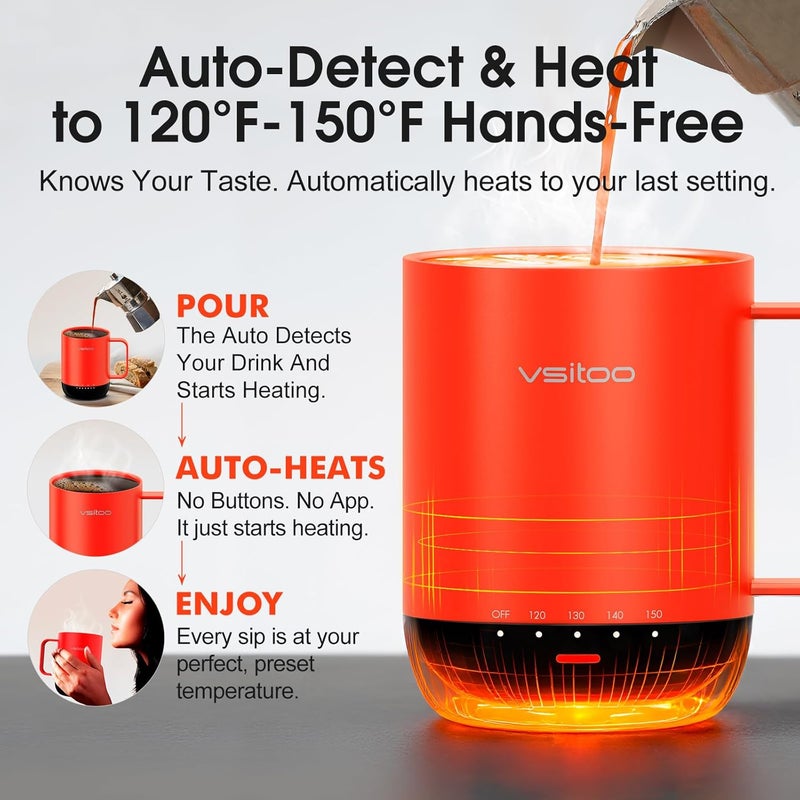 vsitoo S3 Pro 14oz Smart Self Heating Coffee Mug,Heated Coffee Mug with Auto-Sensing AI Heats Drinks to 120-150°F Hands-Free.Perfect for Home/Office,Ideal Gift fo Men/Women, Red - Image 2