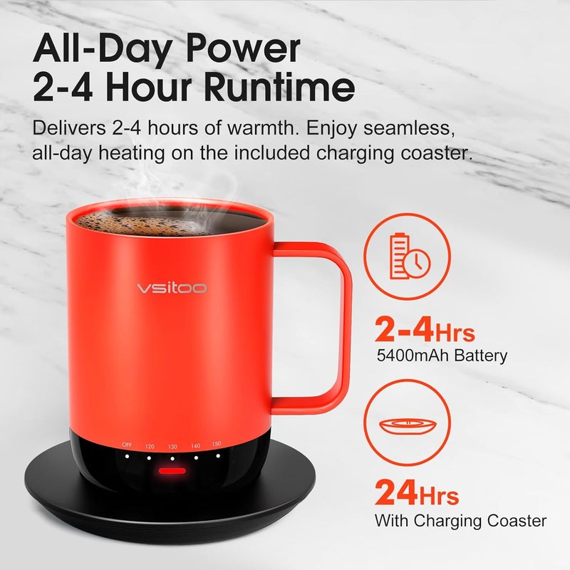 vsitoo S3 Pro 14oz Smart Self Heating Coffee Mug,Heated Coffee Mug with Auto-Sensing AI Heats Drinks to 120-150°F Hands-Free.Perfect for Home/Office,Ideal Gift fo Men/Women, Red - Image 3