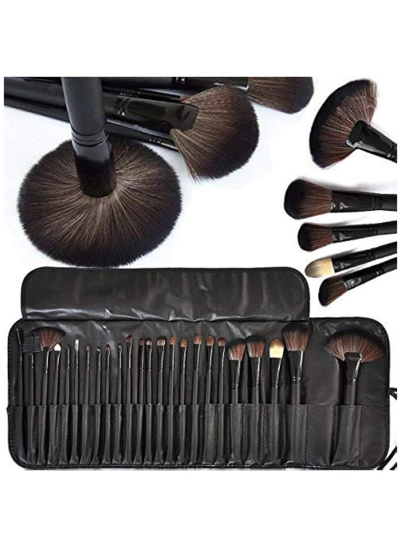 MACPLUS Fiber Bristle Makeup Brush Set with Black Leather Case BLACK, 24 Pieces - Image 1
