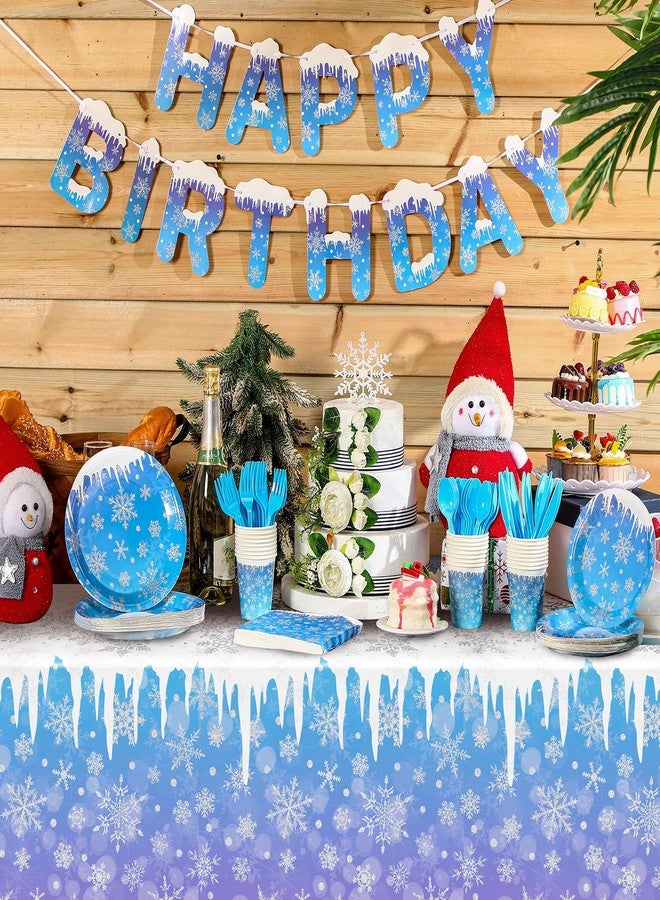 Zhehao 171 Pcs Winter Snowflake Birthday Party Supplies Winter Paper Plates and Napkins Disposable Snowflake Tableware Set Blue Purple Plates Napkins Icicle Tablecloths for Christmas Birthday Party - Image 3