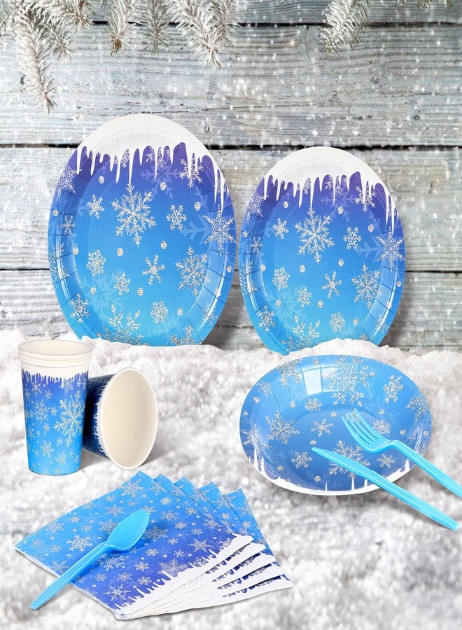 Zhehao 171 Pcs Winter Snowflake Birthday Party Supplies Winter Paper Plates and Napkins Disposable Snowflake Tableware Set Blue Purple Plates Napkins Icicle Tablecloths for Christmas Birthday Party - Image 2