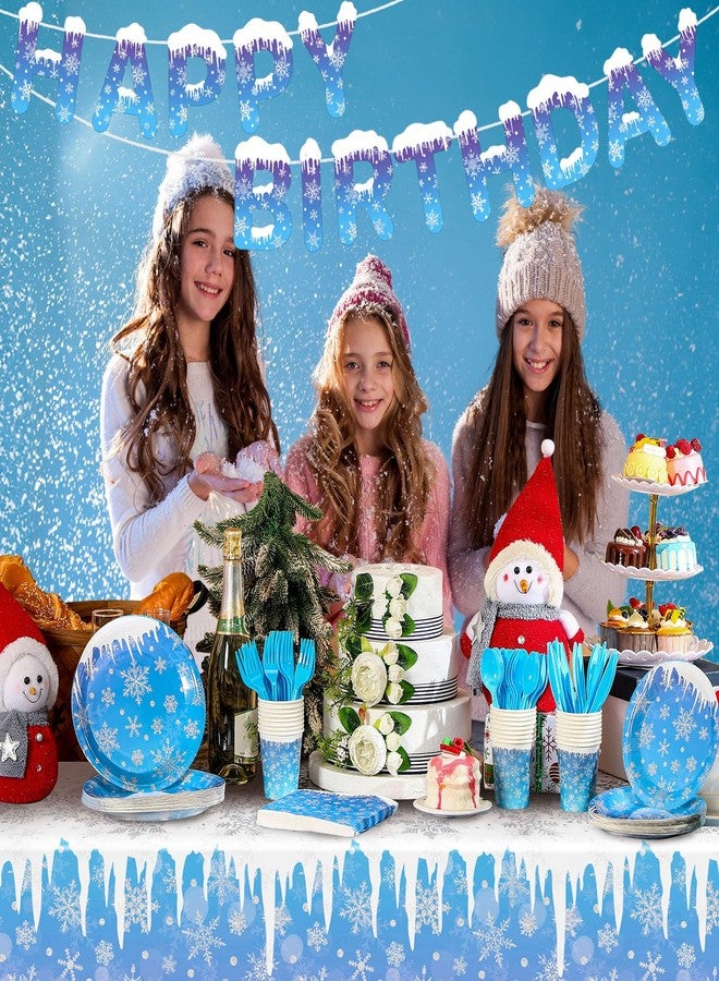 Zhehao 171 Pcs Winter Snowflake Birthday Party Supplies Winter Paper Plates and Napkins Disposable Snowflake Tableware Set Blue Purple Plates Napkins Icicle Tablecloths for Christmas Birthday Party - Image 4