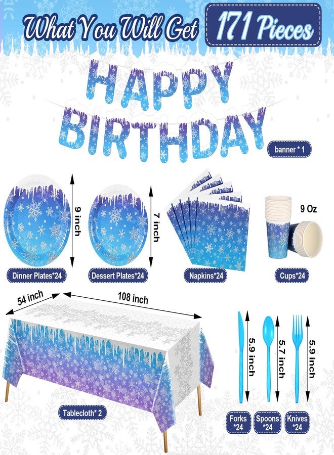 Zhehao 171 Pcs Winter Snowflake Birthday Party Supplies Winter Paper Plates and Napkins Disposable Snowflake Tableware Set Blue Purple Plates Napkins Icicle Tablecloths for Christmas Birthday Party - Image 5