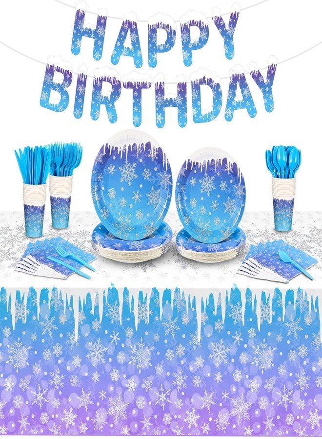 Zhehao 171 Pcs Winter Snowflake Birthday Party Supplies Winter Paper Plates and Napkins Disposable Snowflake Tableware Set Blue Purple Plates Napkins Icicle Tablecloths for Christmas Birthday Party - Image 1
