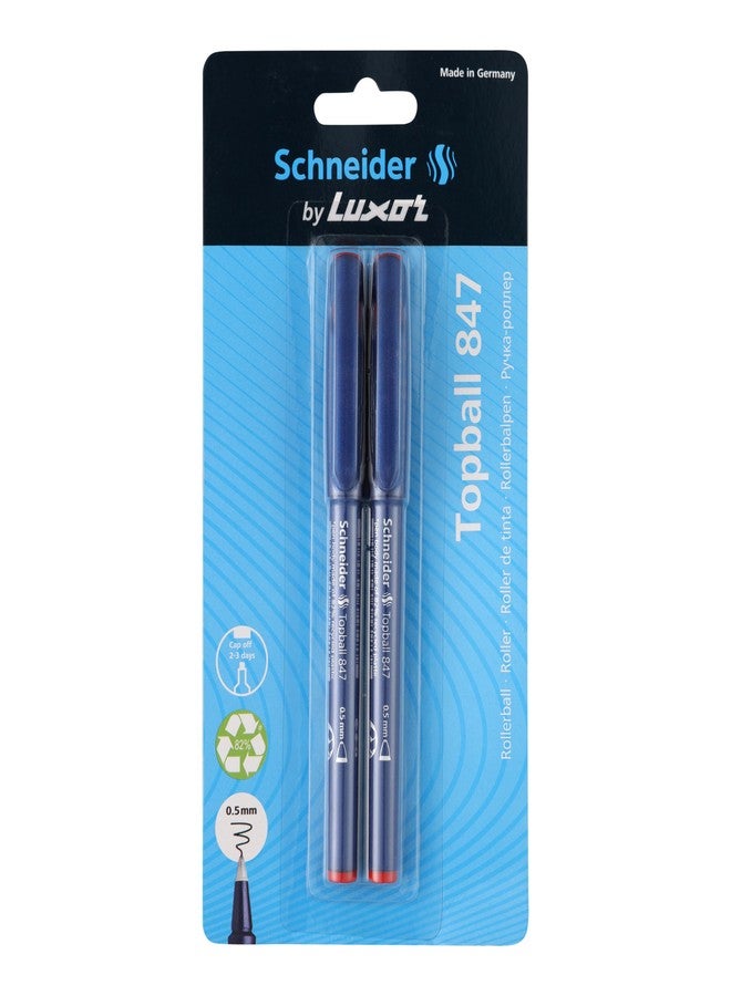Luxor Schneider Topball 847 Roller Ball Pen - Red| Pack of 2 | 0.5mm Conical Tip | Eco-friendly| Cap Off 2-3 Days - Image 1
