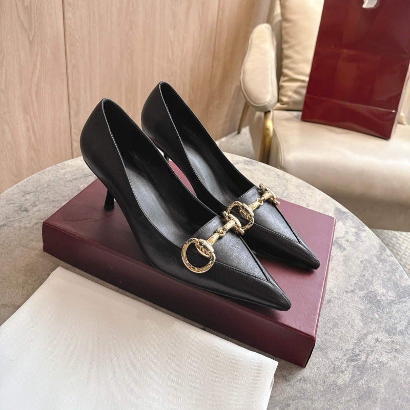 Women's Pointed Toe Metal Buckle Stiletto High Heel Slingback Shoes - Image 1