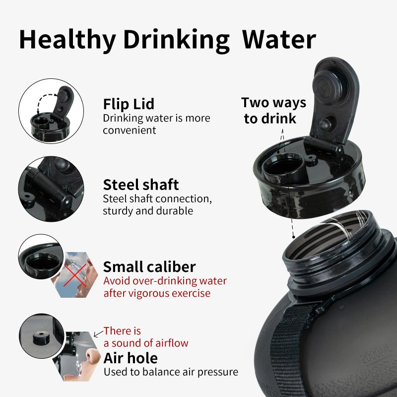 TOOFEEL 2 Liter Water Bottles - Half Gallon Water Bottle BPA Free - Ideal for Gym, Big Water Jug, Reusable Sports Bottle with Measurements Marked Drink Container - 2.2L 74oz Black Half Gallon Bottle - Image 3