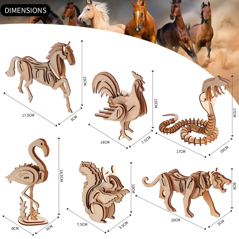 calary 3D Wooden Puzzle Simulation Animal Dinosaur Assembly DIY Model Toy for Kids and Adults,Set of 6 - Image 2
