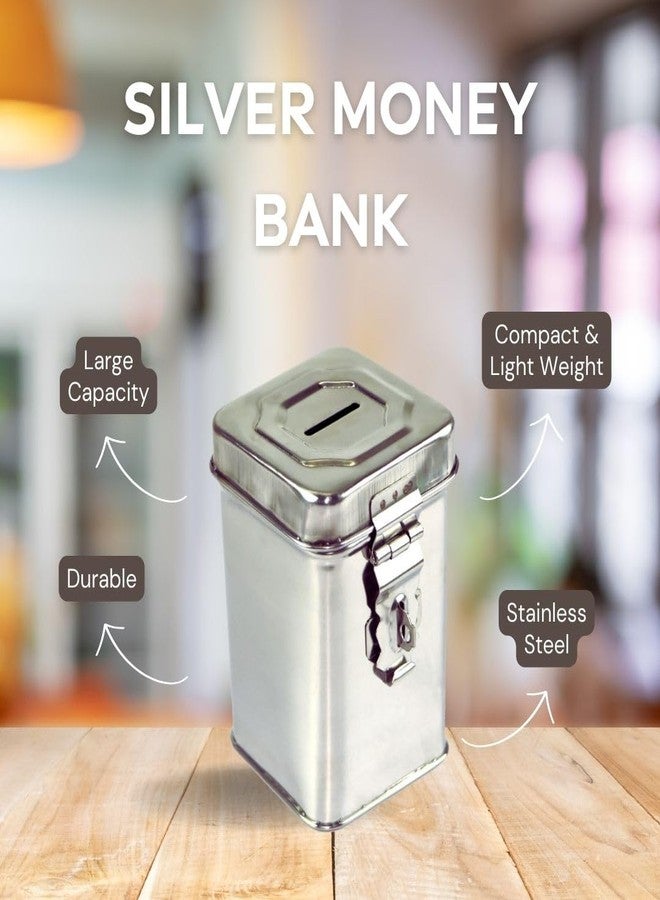 Varnika Stores Stainless Steel Piggy Bank, Money Box for Saving Money for Kids Pressing Lock Size 12×8×8 cm, Square Shape (Pack - 1) - Image 2